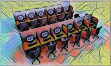 a painting of a row of cylinder heads with the letters o and t on them
