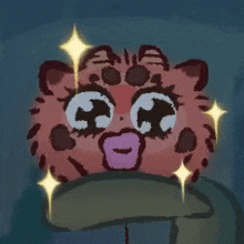 a cartoon drawing of a leopard with big eyes and a pink mouth