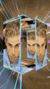 a man 's face is displayed in a cube with neon lights