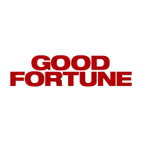 a red and white logo for good fortune on a white background