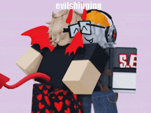 a cartoon character with red horns is hugging another cartoon character with headphones and a s.e. shirt