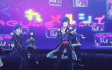 a group of anime characters are dancing in front of a neon sign that says agure project