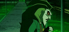 a cartoon character is standing in a green room