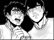 a black and white drawing of two boys with hachu written on the bottom