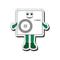 a bosch mascot with green arms and legs and a smiling face