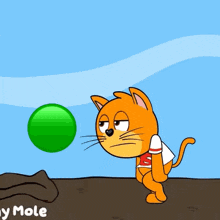 a cartoon of a cat playing with a green ball and the words monday mole below it