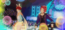 two anime characters are dancing on a stage in a pixel art style .