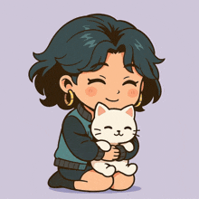 a girl is kneeling down holding a white cat