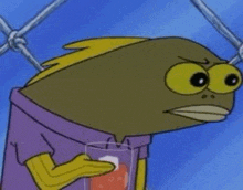 a cartoon character from spongebob squarepants is holding a glass of soda .