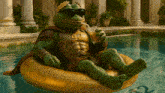 a green frog with the number 42 on his chest is drinking a drink