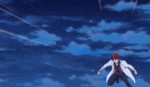 a man with red hair and a white coat is flying through a blue sky