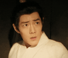 a close up of a man 's face with a surprised look on his face and a white shirt .