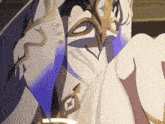 a close up of a cartoon character with a mask on their face