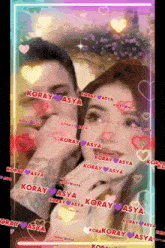 a man and a woman are surrounded by hearts and the name koray is visible