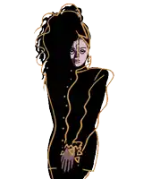 a drawing of a woman with a purple face and a black dress