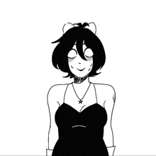 a black and white drawing of a girl in a black dress
