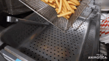 french fries are being poured into a fryer and the words made in animotica are on the bottom