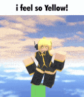 a cartoon character is standing on a green block with the caption i feel so yellow