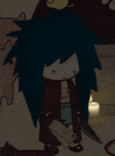 a cartoon character is holding a large knife over his face