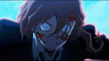 a close up of a cartoon character with blood coming out of his face