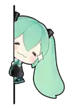 hatsune miku is peeking out from behind a wall and smiling .