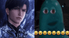a picture of a man next to a picture of a monster with smiley faces on it