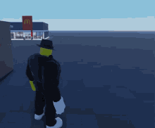 a cartoon character is standing in front of a mcdonald 's restaurant