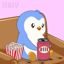 a penguin sits on a couch holding a can of beer
