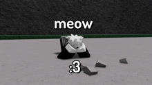 a cartoon character is laying on the ground with the word meow written above him