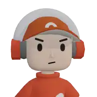 a cartoon character wearing headphones and an orange hat with a letter c on it