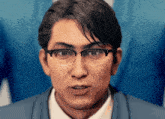 a close up of a man wearing glasses and a blue suit