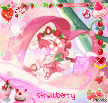 a picture of a girl with strawberries and the word strawberry on the bottom