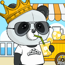 a panda bear wearing sunglasses and a crown drinking a glass of lemonade from a straw