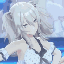 a close up of a anime girl with long white hair and a microphone on her head .