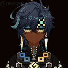 a drawing of a girl with blue hair and a necklace that says ' reaces ' on it