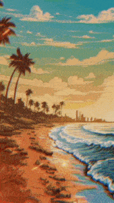 a painting of a beach with palm trees and waves coming in .