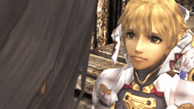 a video game character with blonde hair and a purple and gold outfit