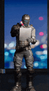 a video game character is holding a piece of paper