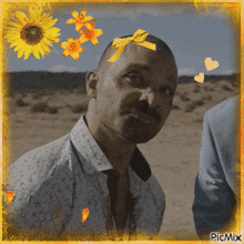 a man with a bow on his head is surrounded by sunflowers and hearts on a picmix postcard