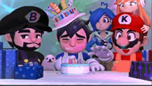 a group of cartoon characters celebrating a birthday