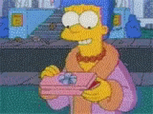 bart simpson is holding a pink box with a flower in it