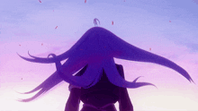 a woman with long purple hair is standing in front of a pink sky