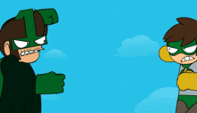 a cartoon of two superheros fighting with one wearing a number 1 on his head