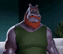 a hippo with a beard and green eyes is wearing a green shirt