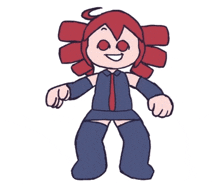 a cartoon drawing of a girl with red hair and blue socks