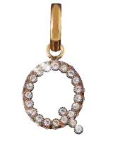 the letter q is surrounded by diamonds on a gold pendant
