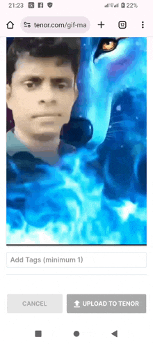 a phone screen shows a man with a blue wolf on it