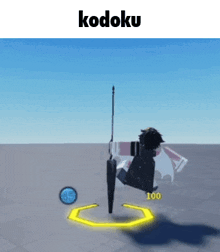 a video game character is holding an umbrella and a sword in a video game called kodoku .