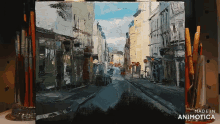 a painting of a city street with the words made in animotica on the bottom