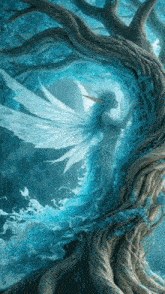 a painting of a fairy surrounded by trees with a blue background